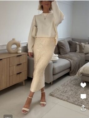 H&M Sequin Midi Skirt Cream NWT